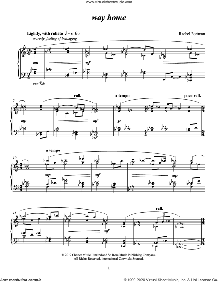 the way home sheet music for piano solo by Rachel Portman, classical score, intermediate skill level