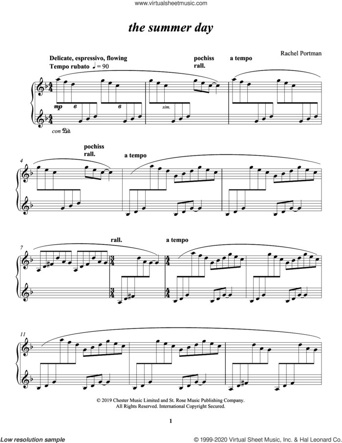 the summer day sheet music for piano solo by Rachel Portman, classical score, intermediate skill level