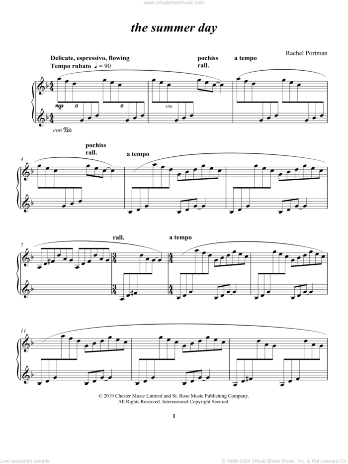 the summer day sheet music for piano solo by Rachel Portman, classical score, intermediate skill level