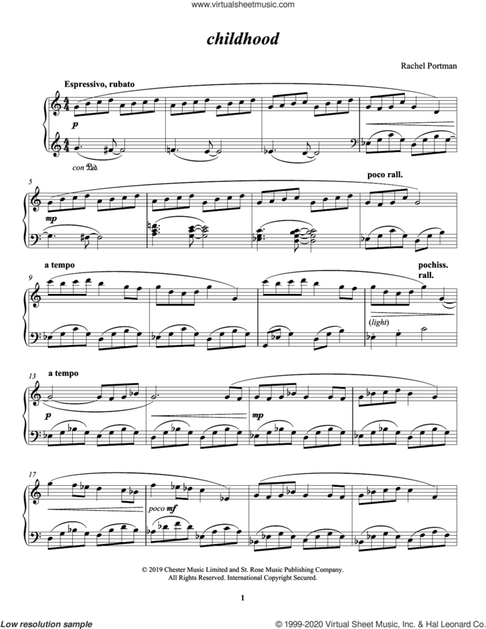 childhood sheet music for piano solo by Rachel Portman, classical score, intermediate skill level