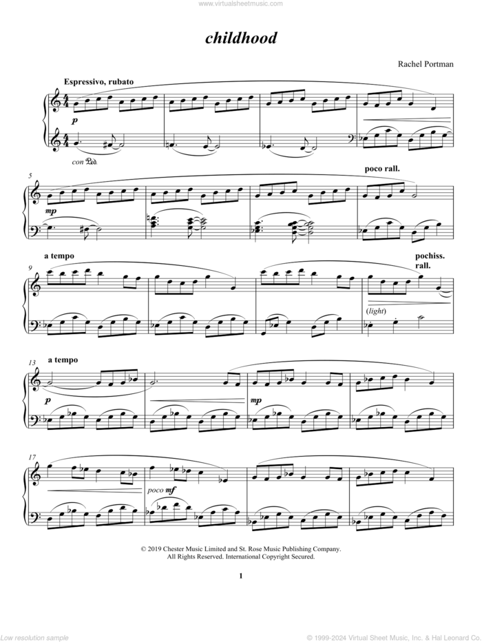 childhood sheet music for piano solo by Rachel Portman, classical score, intermediate skill level