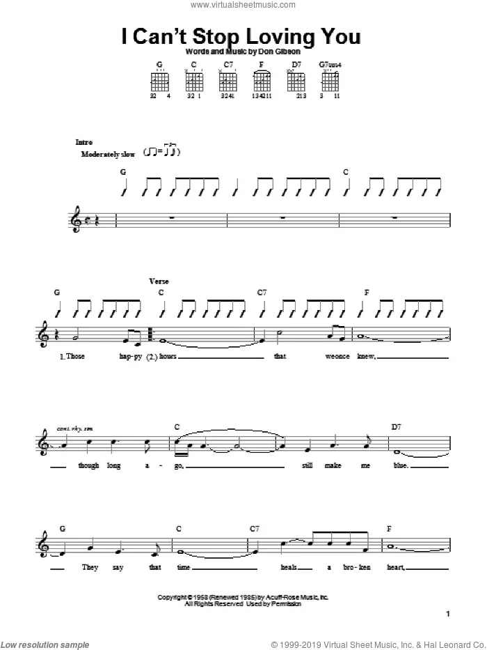 I Can't Stop Loving You sheet music for guitar solo (chords) by Don Gibson, easy guitar (chords)