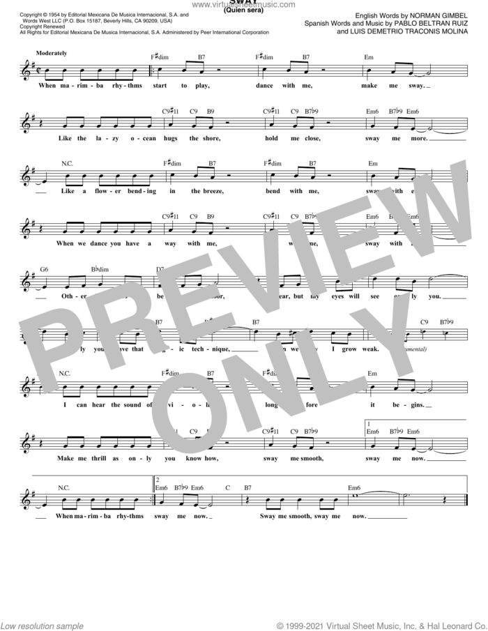 Sway (Quien Sera) sheet music for voice and other instruments (fake book) by Dean Martin, Luis Demetrio Traconis Molina, Norman Gimbel and Pablo Beltran Ruiz, intermediate skill level
