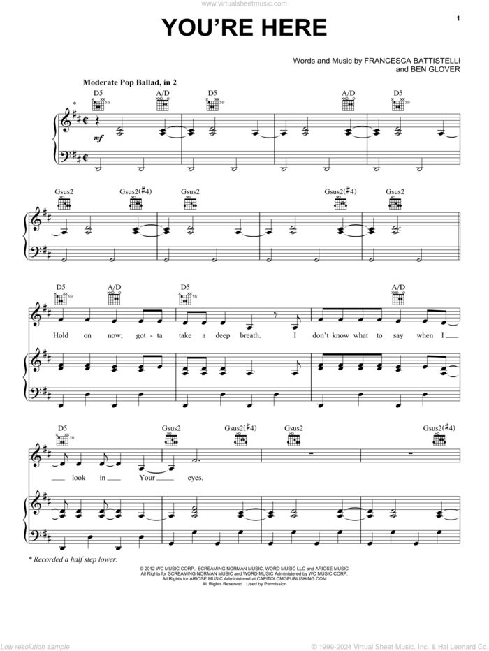 You're Here sheet music for voice, piano or guitar by Francesca Battistelli and Ben Glover, intermediate skill level