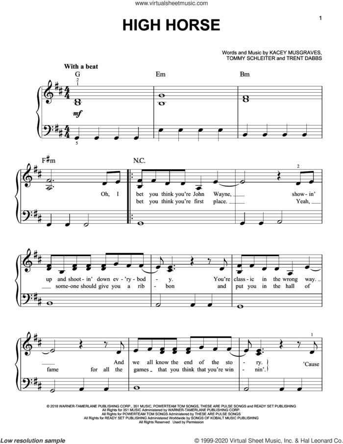 High Horse sheet music for piano solo by Kacey Musgraves, Tommy English and Trent Dabbs, easy skill level