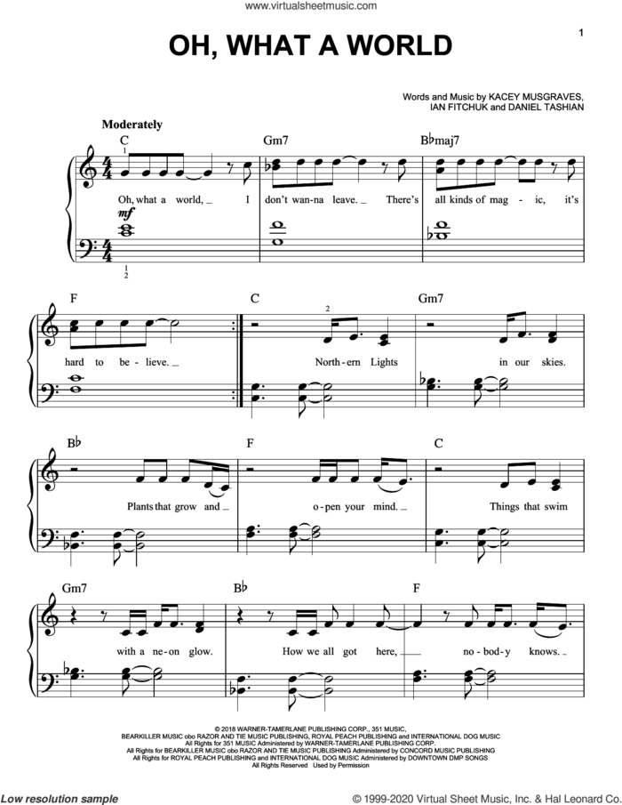Oh, What A World sheet music for piano solo by Kacey Musgraves, Daniel Tashian and Ian Fitchuk, easy skill level