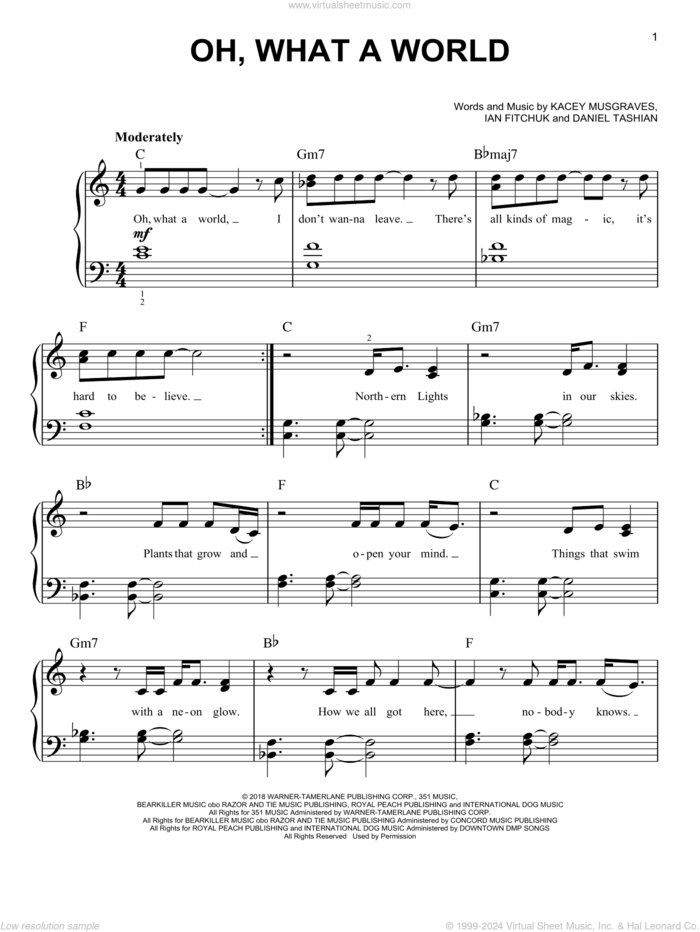 Oh, What A World sheet music for piano solo by Kacey Musgraves, Daniel Tashian and Ian Fitchuk, easy skill level