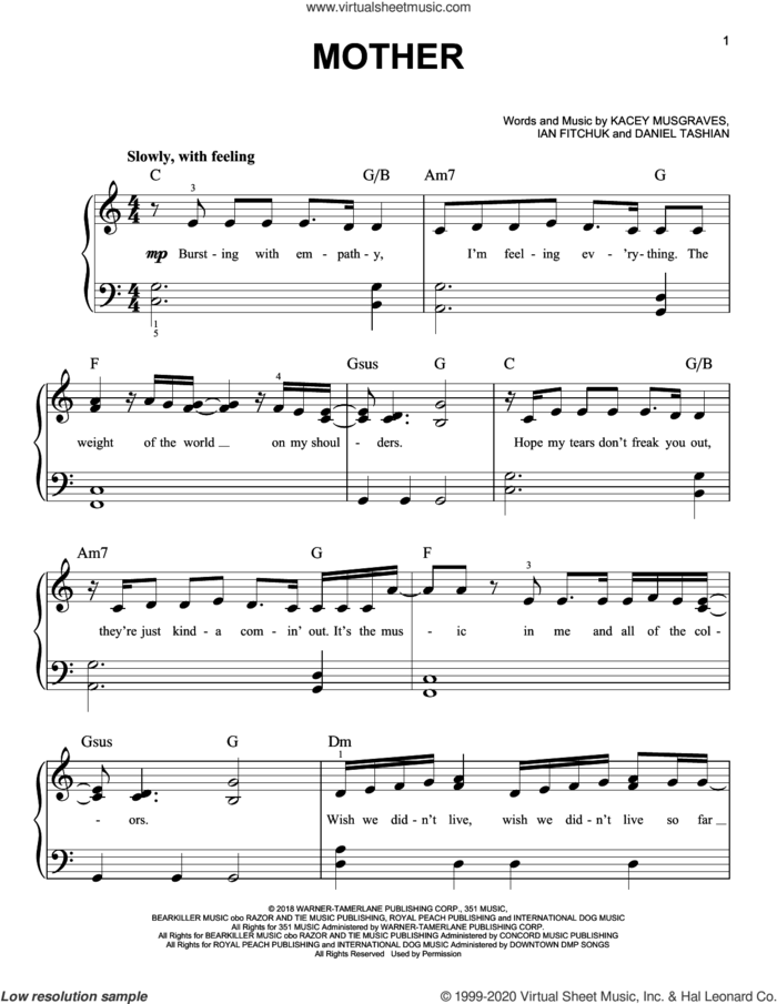 Mother sheet music for piano solo by Kacey Musgraves, Daniel Tashian and Ian Fitchuk, easy skill level