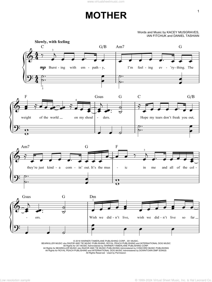 Mother sheet music for piano solo by Kacey Musgraves, Daniel Tashian and Ian Fitchuk, easy skill level