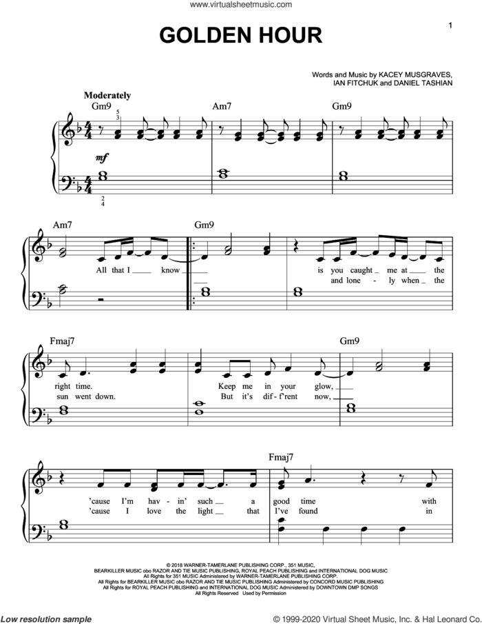 Golden Hour sheet music for piano solo by Kacey Musgraves, Daniel Tashian and Ian Fitchuk, easy skill level