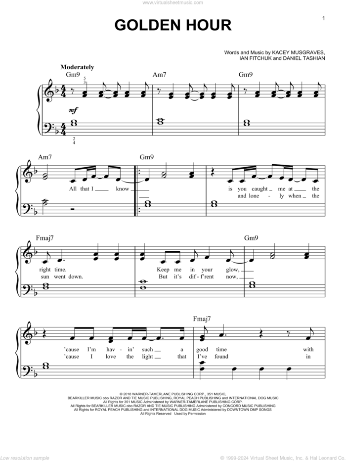 Golden Hour sheet music for piano solo by Kacey Musgraves, Daniel Tashian and Ian Fitchuk, easy skill level