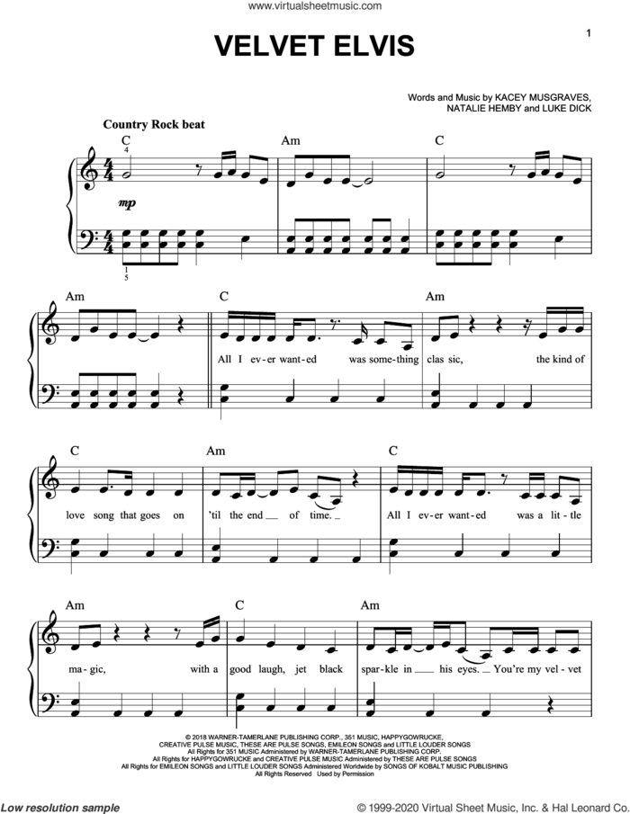 Velvet Elvis sheet music for piano solo by Kacey Musgraves, Luke Dick and Natalie Hemby, easy skill level