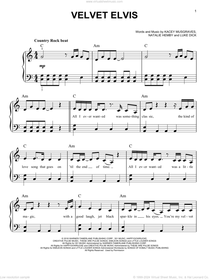 Velvet Elvis sheet music for piano solo by Kacey Musgraves, Luke Dick and Natalie Hemby, easy skill level