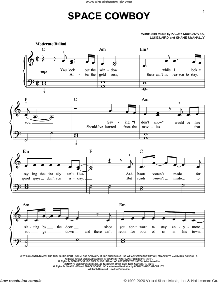 Space Cowboy sheet music for piano solo by Kacey Musgraves, Luke Laird and Shane McAnally, easy skill level