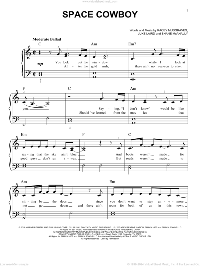 Space Cowboy sheet music for piano solo by Kacey Musgraves, Luke Laird and Shane McAnally, easy skill level