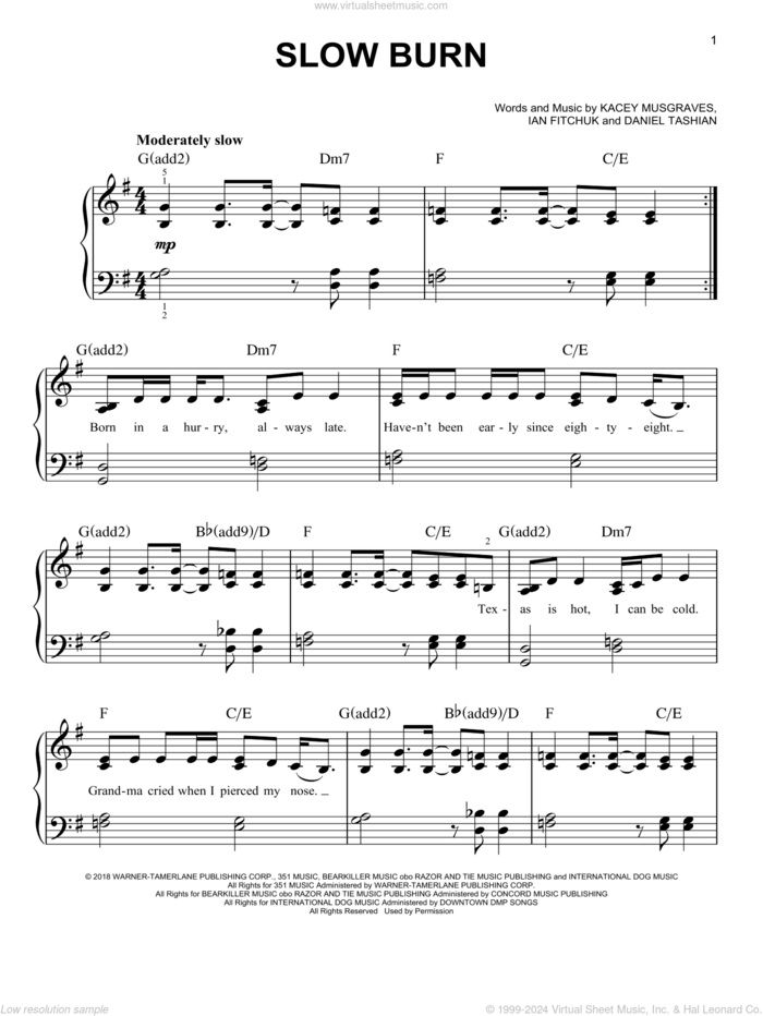 Slow Burn sheet music for piano solo by Kacey Musgraves, Daniel Tashian and Ian Fitchuk, easy skill level