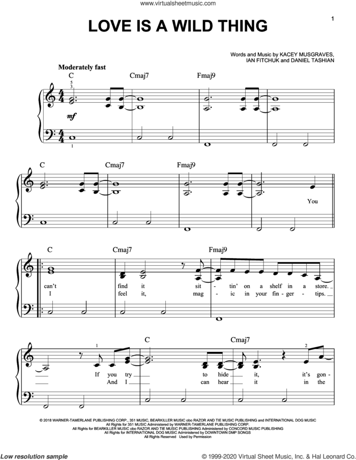 Love Is A Wild Thing sheet music for piano solo by Kacey Musgraves, Daniel Tashian and Ian Fitchuk, easy skill level