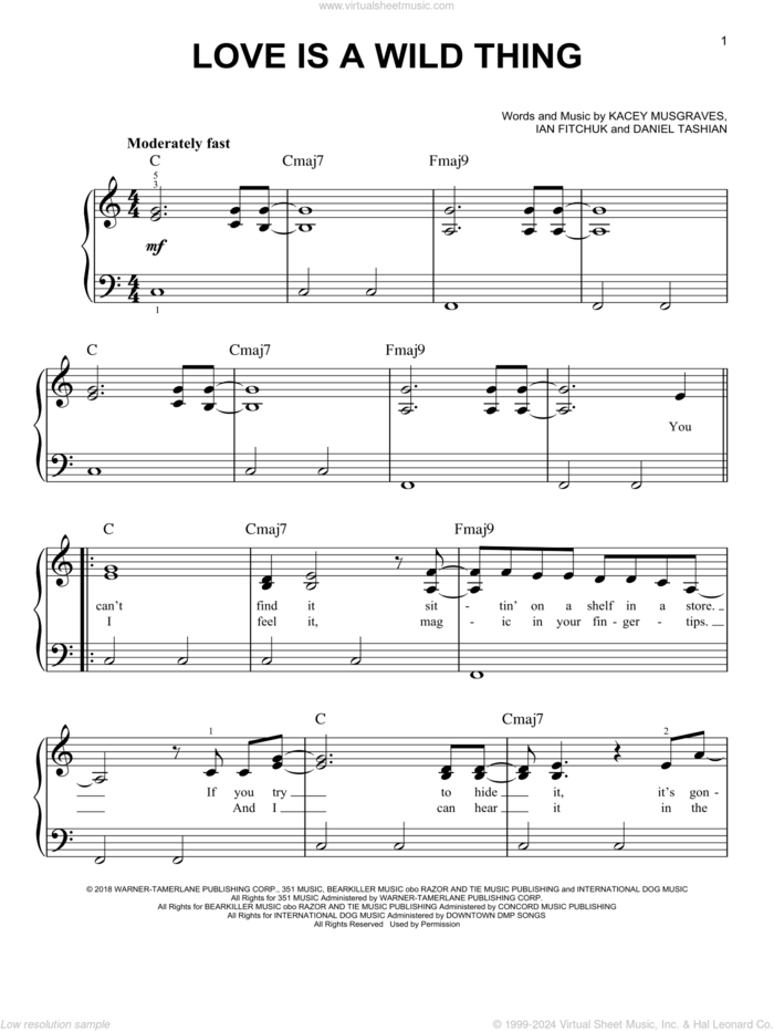 Love Is A Wild Thing sheet music for piano solo by Kacey Musgraves, Daniel Tashian and Ian Fitchuk, easy skill level