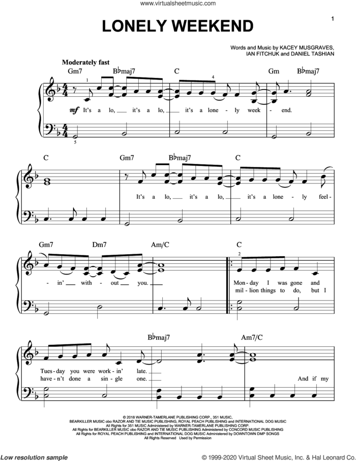 Lonely Weekend sheet music for piano solo by Kacey Musgraves, Daniel Tashian and Ian Fitchuk, easy skill level