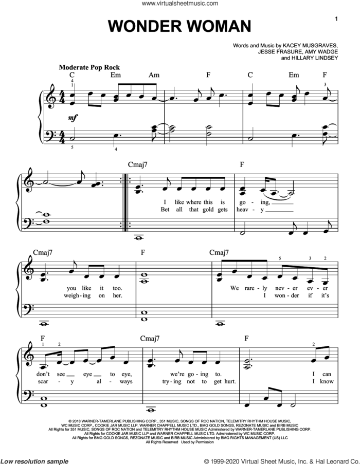 Wonder Woman sheet music for piano solo by Kacey Musgraves, Amy Wadge, Hillary Lindsey and Jesse Frasure, easy skill level