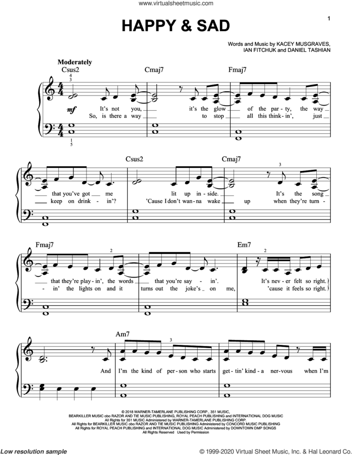 Happy and Sad sheet music for piano solo by Kacey Musgraves, Daniel Tashian and Ian Fitchuk, easy skill level