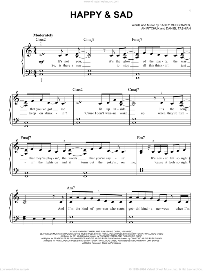 Happy and Sad sheet music for piano solo by Kacey Musgraves, Daniel Tashian and Ian Fitchuk, easy skill level