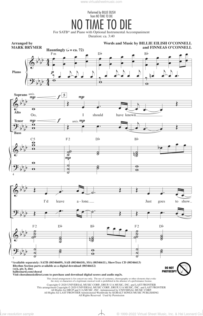 No Time To Die (arr. Mark Brymer) sheet music for choir (SATB: soprano, alto, tenor, bass) by Billie Eilish and Mark Brymer, intermediate skill level