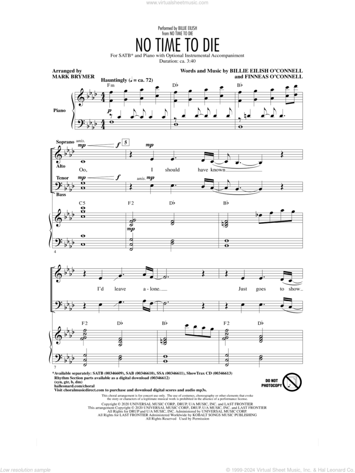 No Time To Die (arr. Mark Brymer) sheet music for choir (SATB: soprano, alto, tenor, bass) by Billie Eilish and Mark Brymer, intermediate skill level