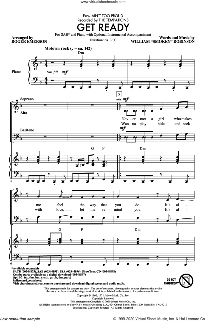 Get Ready (from Ain't Too Proud) (arr. Roger Emerson) sheet music for choir (SAB: soprano, alto, bass) by The Temptations and Roger Emerson, intermediate skill level