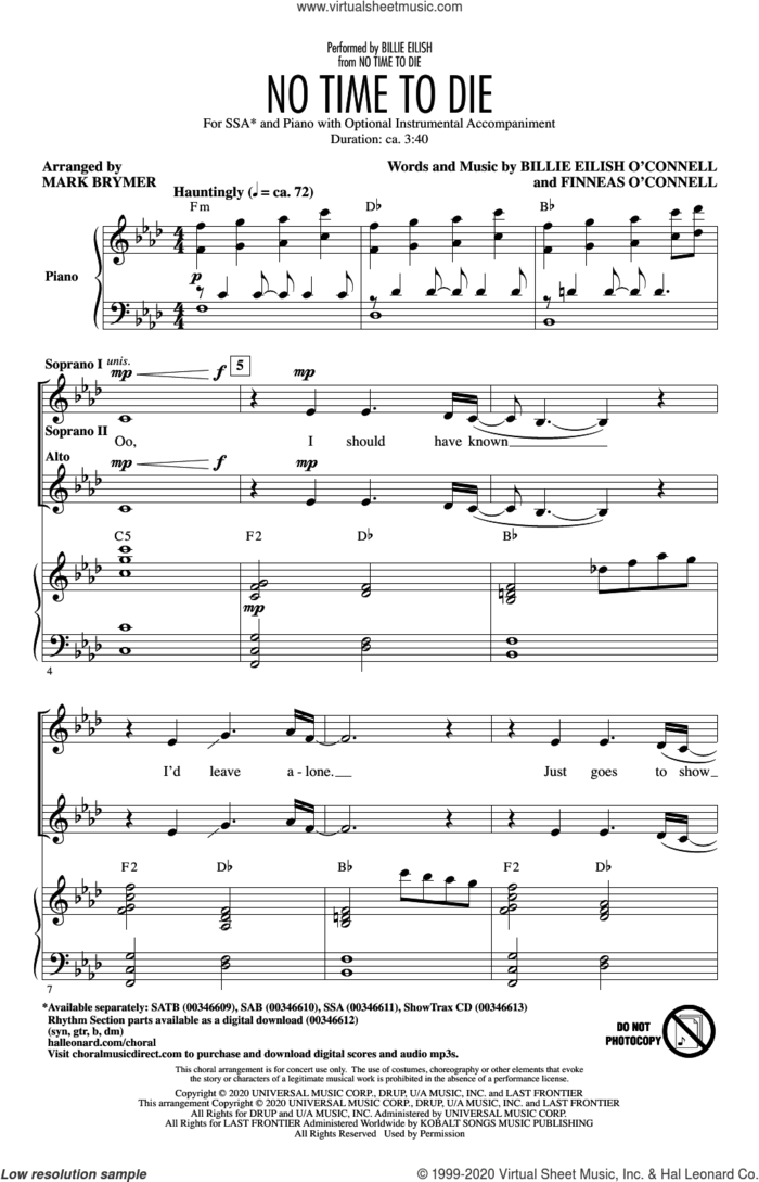 No Time To Die (arr. Mark Brymer) sheet music for choir (SSA: soprano, alto) by Billie Eilish and Mark Brymer, intermediate skill level