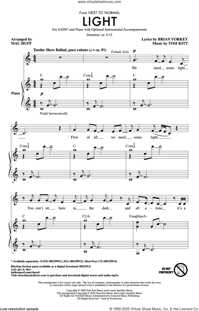 Light (from Next to Normal) (arr. Mac Huff) sheet music for choir (SATB: soprano, alto, tenor, bass) by Tom Kitt, Mac Huff and Brian Yorkey & Tom Kitt and Brian Yorkey, intermediate skill level