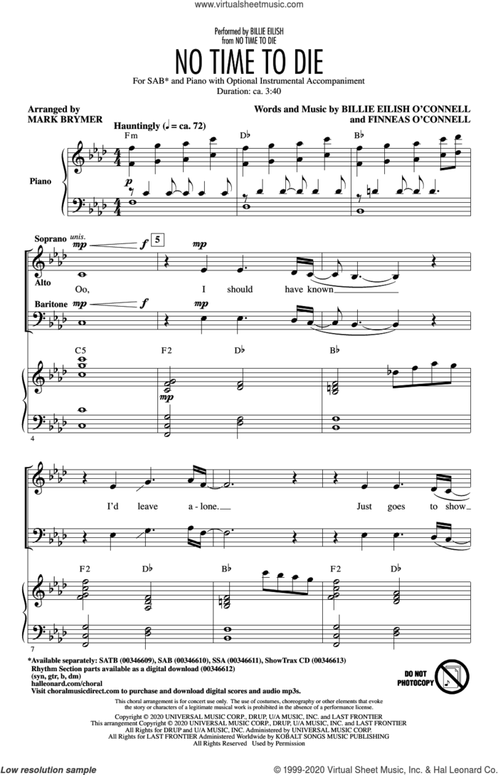 No Time To Die (arr. Mark Brymer) sheet music for choir (SAB: soprano, alto, bass) by Billie Eilish and Mark Brymer, intermediate skill level
