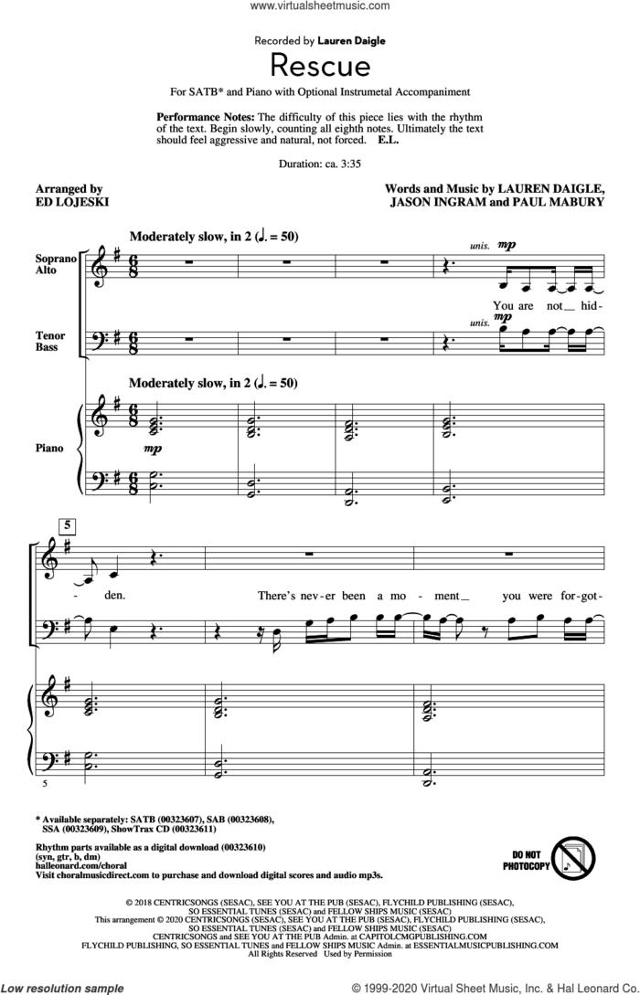 Rescue (arr. Ed Lojeski) sheet music for choir (SATB: soprano, alto, tenor, bass) by Lauren Daigle, Ed Lojeski, Jason Ingram and Paul Mabury, intermediate skill level