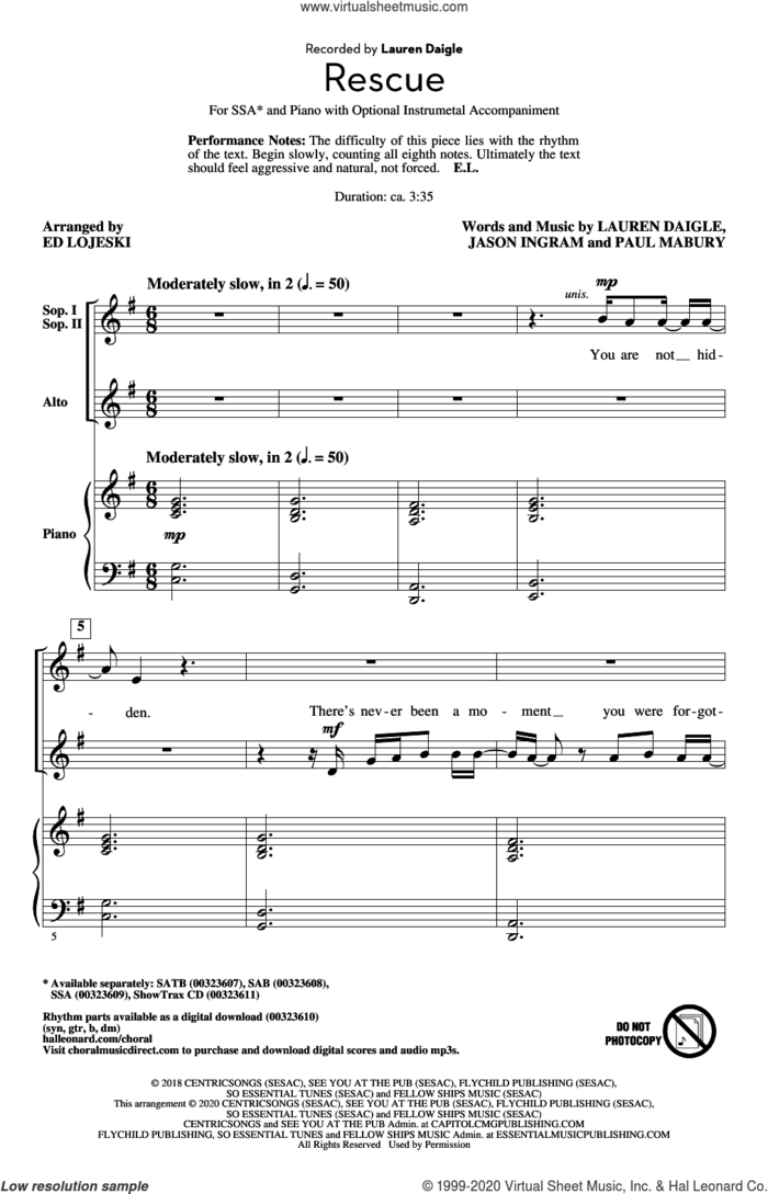 Rescue (arr. Ed Lojeski) sheet music for choir (SSA: soprano, alto) by Lauren Daigle, Ed Lojeski, Jason Ingram and Paul Mabury, intermediate skill level