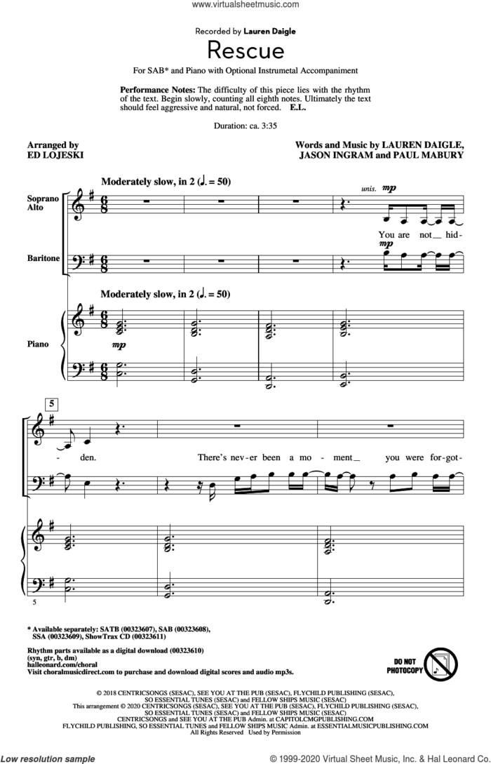 Rescue (arr. Ed Lojeski) sheet music for choir (SAB: soprano, alto, bass) by Lauren Daigle, Ed Lojeski, Jason Ingram and Paul Mabury, intermediate skill level