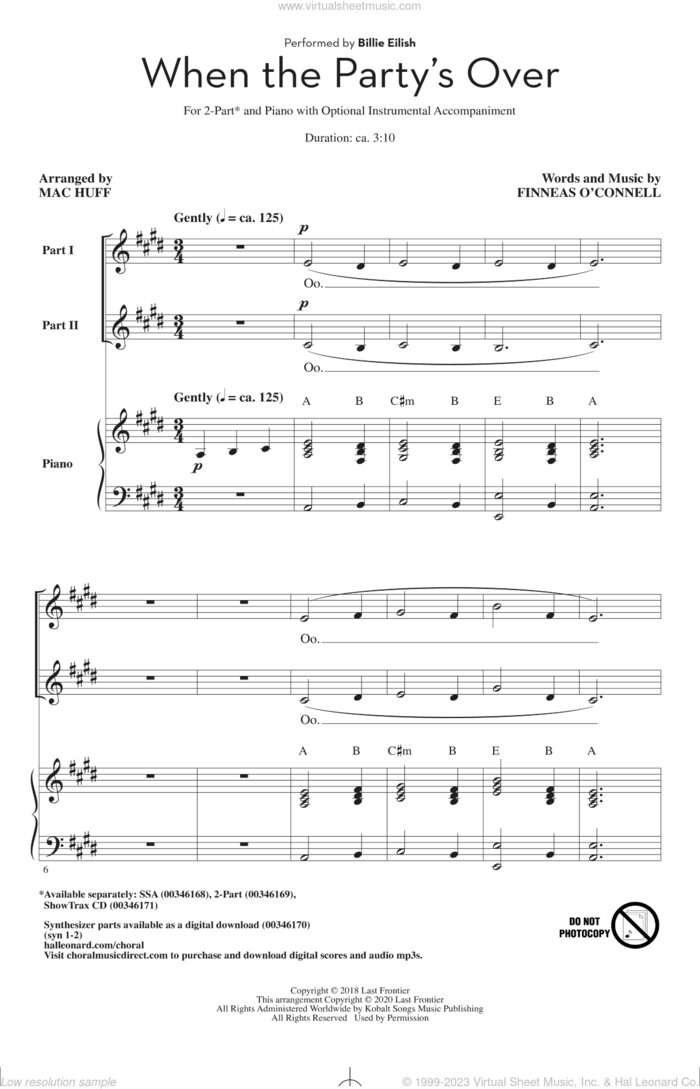 when the party's over (arr. Mac Huff) sheet music for choir (2-Part) by Billie Eilish and Mac Huff, intermediate duet