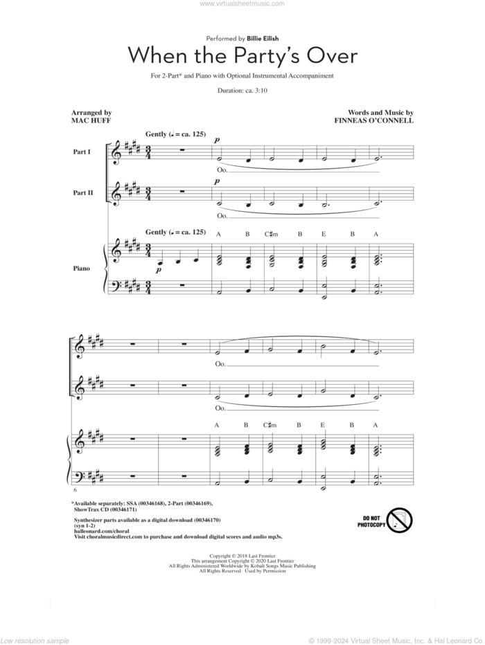 when the party's over (arr. Mac Huff) sheet music for choir (2-Part) by Billie Eilish and Mac Huff, intermediate duet