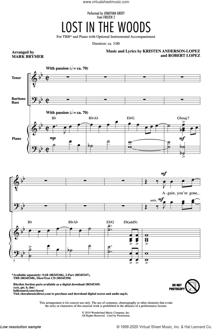 Lost In The Woods (from Disney's Frozen 2) (arr. Mark Brymer) sheet music for choir (TBB: tenor, bass) by Jonathan Groff, Mark Brymer, Kristen Anderson-Lopez and Robert Lopez, intermediate skill level