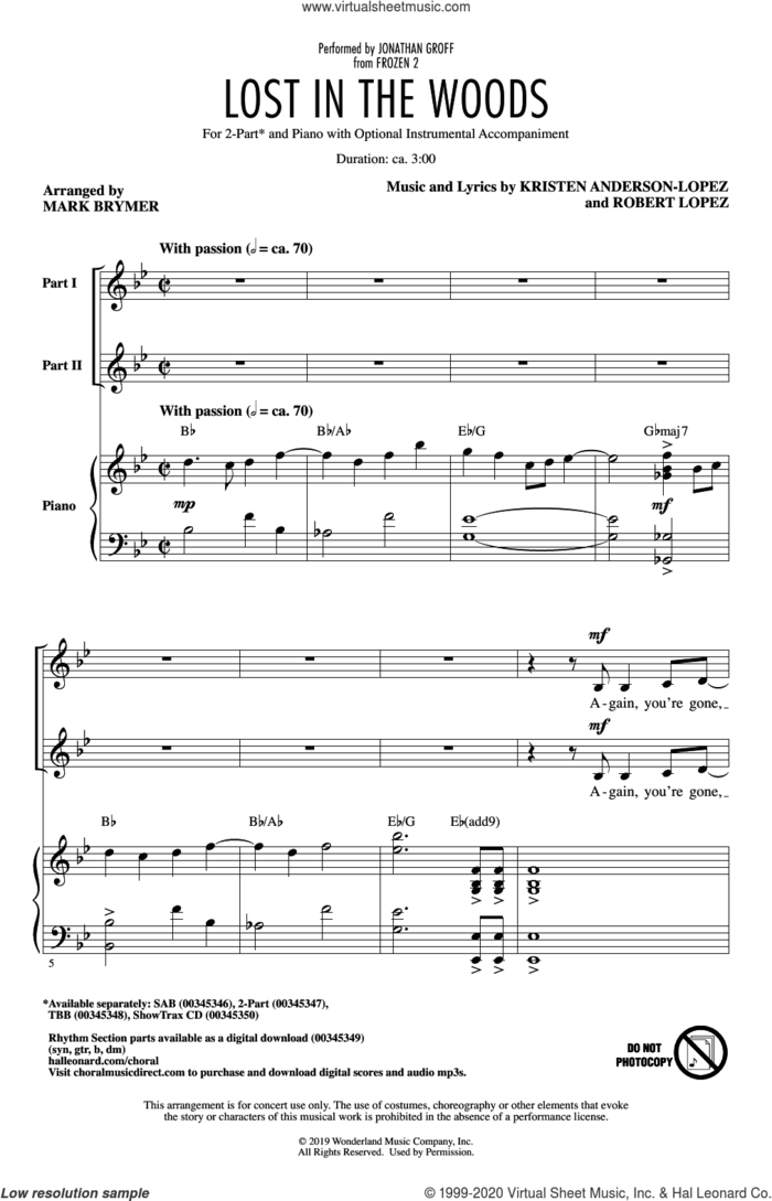 Lost In The Woods (from Disney's Frozen 2) (arr. Mark Brymer) sheet music for choir (2-Part) by Jonathan Groff, Mark Brymer, Kristen Anderson-Lopez and Robert Lopez, intermediate duet