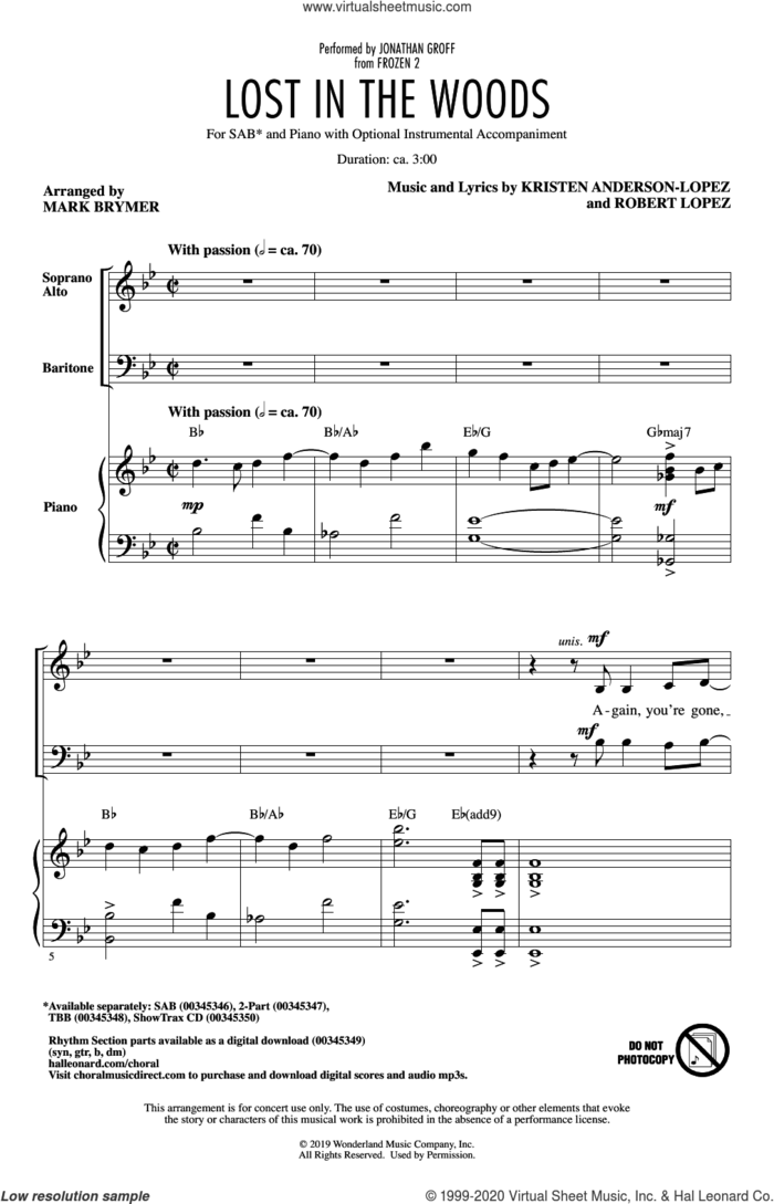 Lost In The Woods (from Disney's Frozen 2) (arr. Mark Brymer) sheet music for choir (SAB: soprano, alto, bass) by Jonathan Groff, Mark Brymer, Kristen Anderson-Lopez and Robert Lopez, intermediate skill level