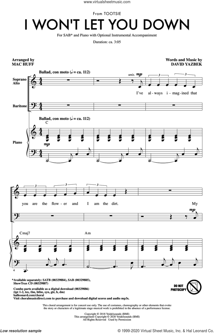 I Won't Let You Down (from the musical Tootsie) (arr. Mac Huff) sheet music for choir (SAB: soprano, alto, bass) by David Yazbek and Mac Huff, intermediate skill level