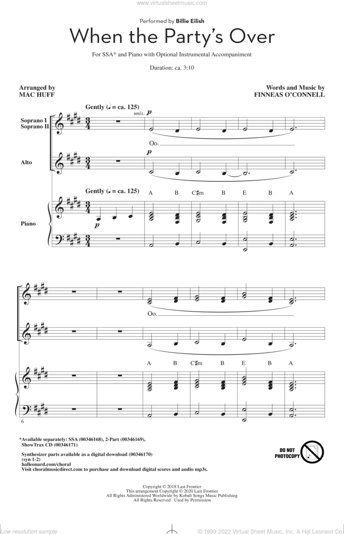 when the party's over (arr. Mac Huff) sheet music for choir (SSA: soprano, alto) by Billie Eilish and Mac Huff, intermediate skill level