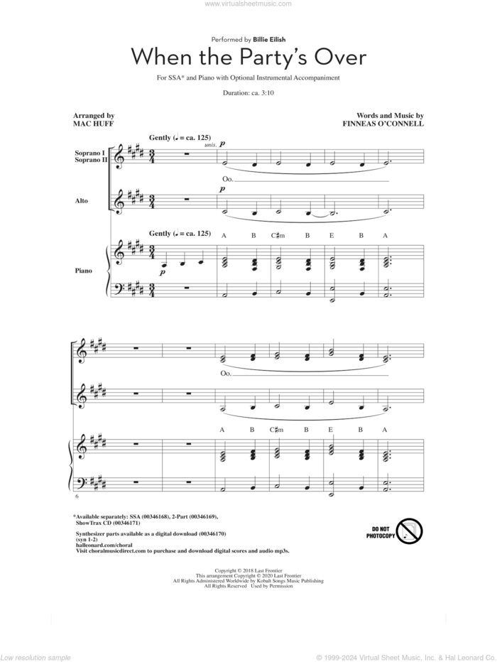 when the party's over (arr. Mac Huff) sheet music for choir (SSA: soprano, alto) by Billie Eilish and Mac Huff, intermediate skill level