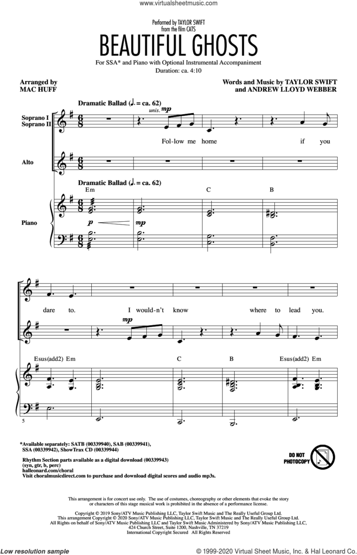 Beautiful Ghosts (from the Motion Picture Cats) (arr. Mac Huff) sheet music for choir (SSA: soprano, alto) by Taylor Swift, Mac Huff and Andrew Lloyd Webber, intermediate skill level