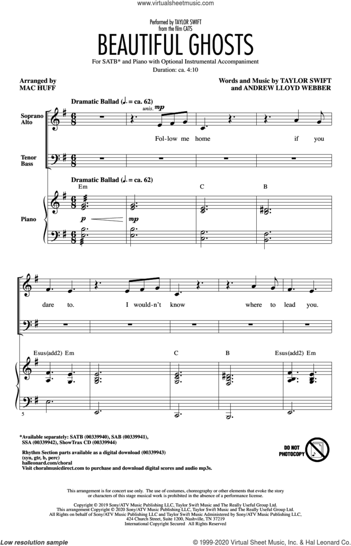 Beautiful Ghosts (from the Motion Picture Cats) (arr. Mac Huff) sheet music for choir (SATB: soprano, alto, tenor, bass) by Taylor Swift, Mac Huff and Andrew Lloyd Webber, intermediate skill level