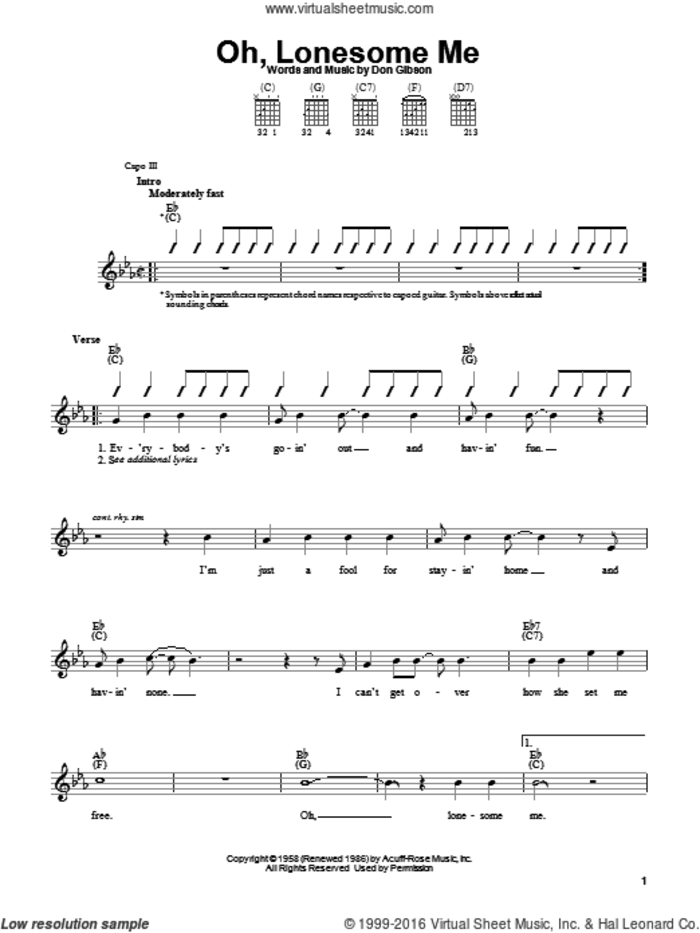 Oh, Lonesome Me sheet music for guitar solo (chords) by Don Gibson, easy guitar (chords)