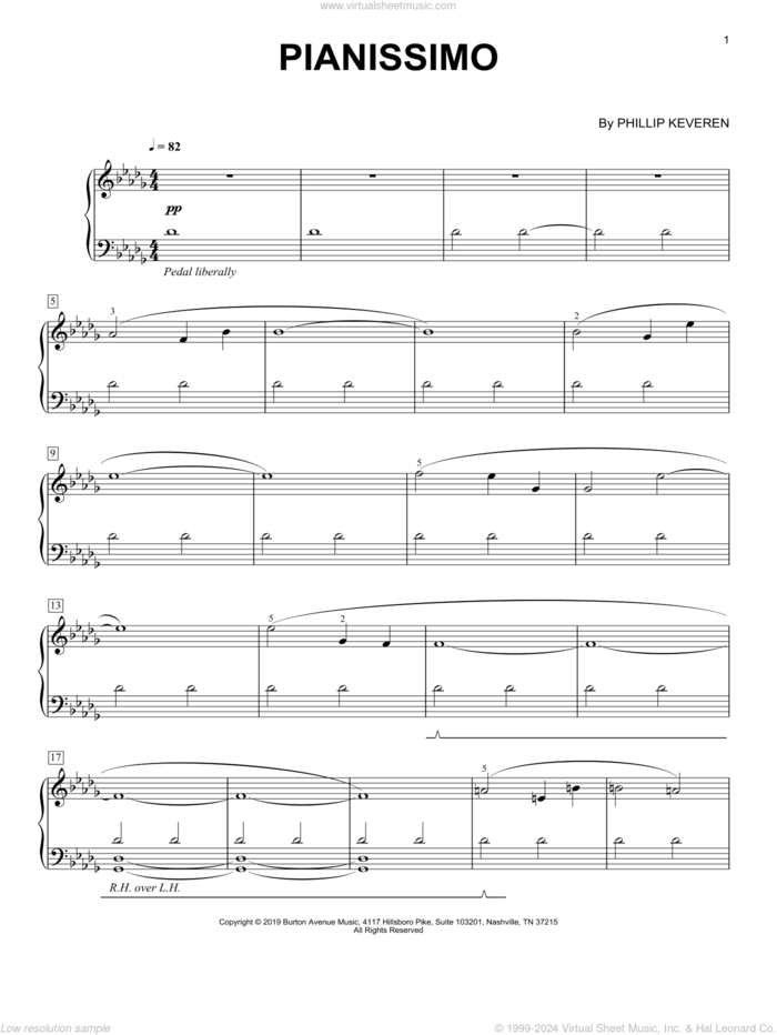 Pianissimo sheet music for piano solo by Phillip Keveren, classical score, intermediate skill level