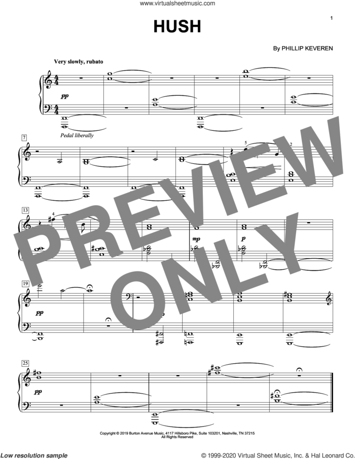 Hush sheet music for piano solo by Phillip Keveren, classical score, intermediate skill level