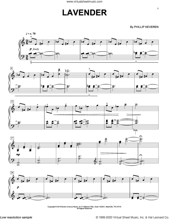 Lavender sheet music for piano solo by Phillip Keveren, classical score, intermediate skill level
