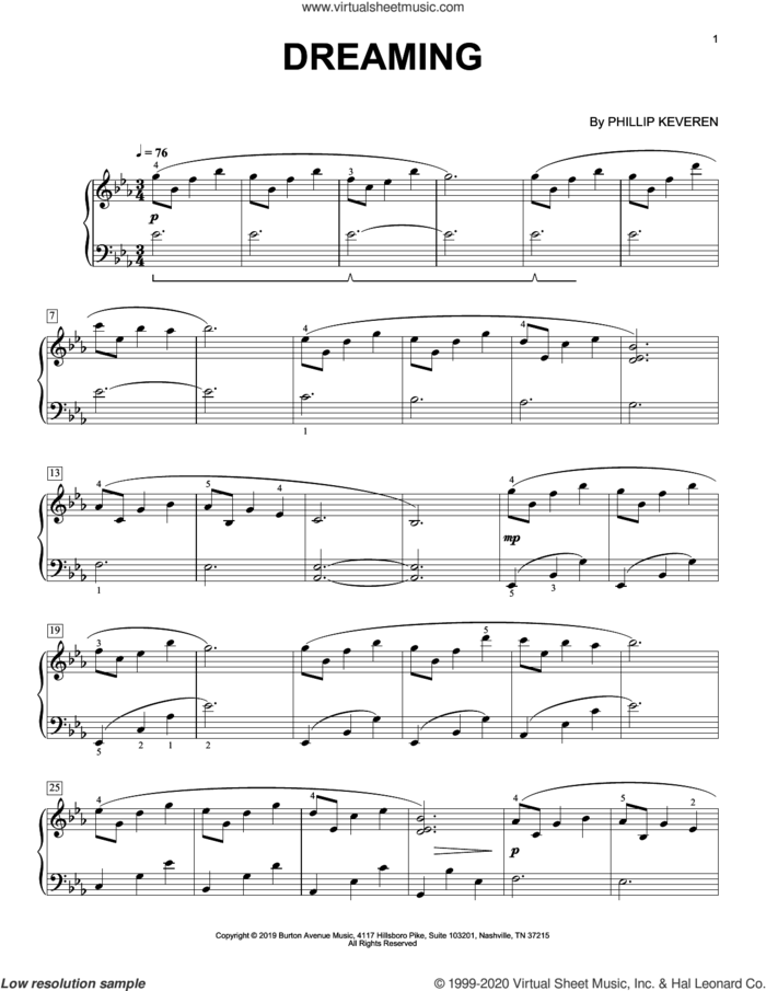 Dreaming sheet music for piano solo by Phillip Keveren, classical score, intermediate skill level
